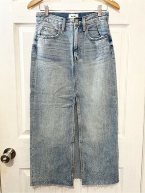 Pistola Alice Denim Maxi Skirt Light Wash Raw Hem Front Slit Sz 26